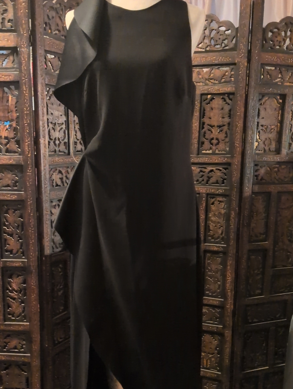 Halston Heritage One-Shoulder Black Ruffle Evening Dress